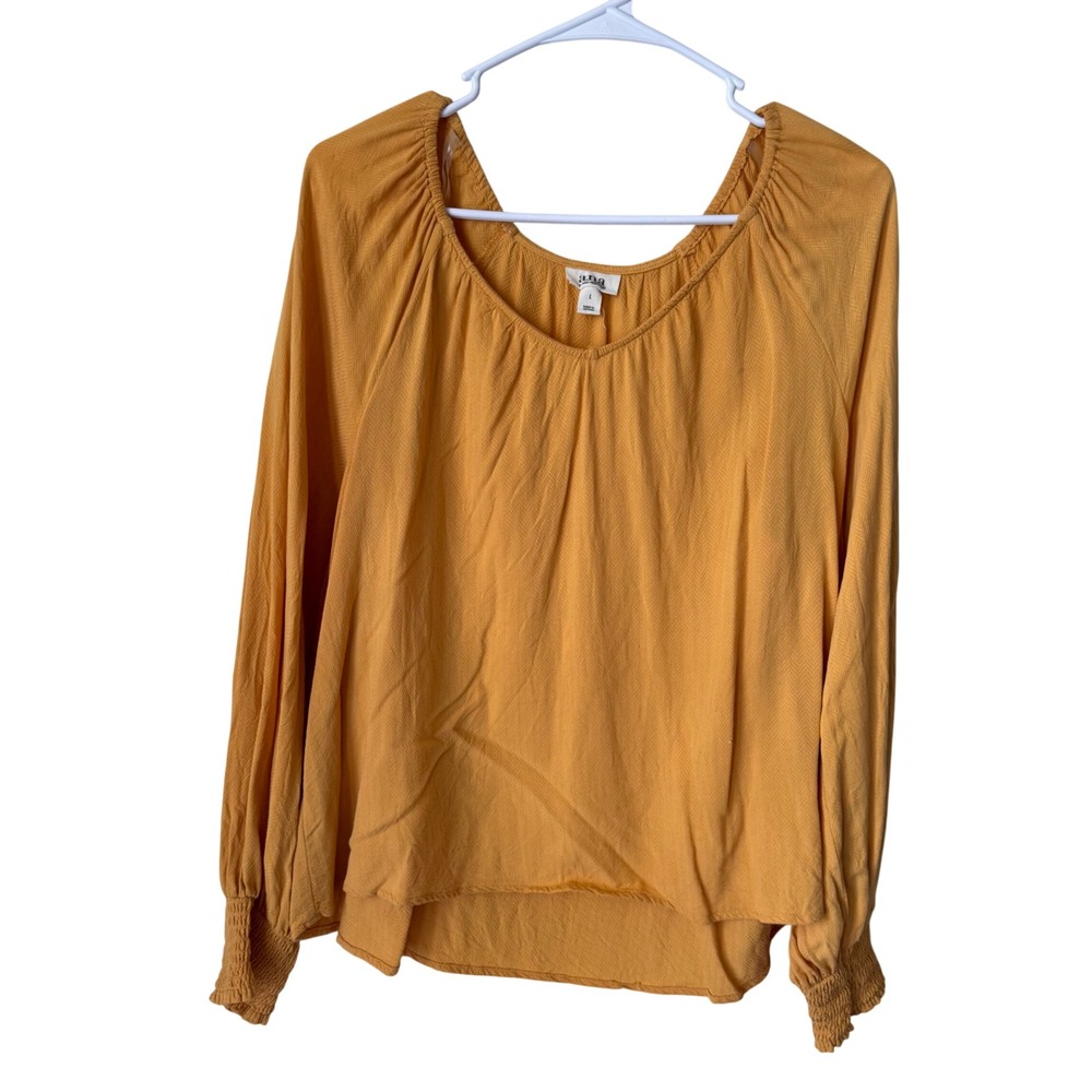 ANA A New Approach Mustard Yellow Herringbone Textured Smocked Cuff Blouse Large